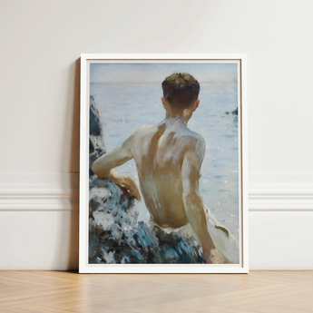 Beach Study - Henry Scott Tuke Art Print / Canvas Framed Painting White Frame Depicts Young Man Short Maritime Rapture Unspools, Soft
