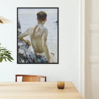 Beach Study - Henry Scott Tuke Art Print / Canvas Black-framed Painting Nude Male Figure Seated Rocky Terrain Maritime Rapture Unspools,