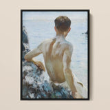Beach Study - Henry Scott Tuke Art Print / Canvas Framed Painting Young Man Seated Rocky Terrain Water Maritime Rapture Unspools, Soft