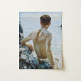 Beach Study - Henry Scott Tuke Art Print / Canvas Rectangular Painting Young Man Seated Rocky Terrain Maritime Rapture Unspools, Soft