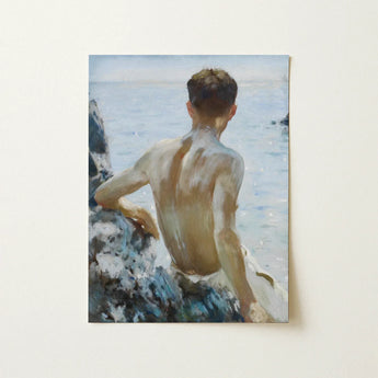 Beach Study - Henry Scott Tuke Art Print / Canvas Rectangular Painting Young Man Seated Rocky Terrain Maritime Rapture Unspools, Soft