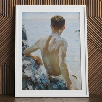 Beach Study - Henry Scott Tuke Art Print / Canvas White Framed Painting Man Beach Maritime Rapture Unspools, Soft Oil-laden Murmurs, Henry