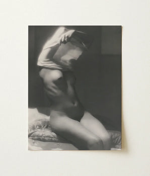 Black-and-white Photographic Print Nude Figure Seated Arm Raised Michael Heumuller Art, Evocative Black and White Photograph, Introspective