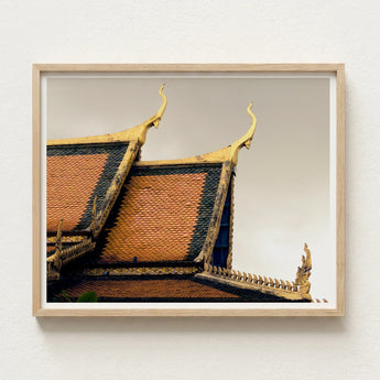 Framed Photograph Ornate Golden Roof Tiles Intricate Decorative Cambodian Temple Photography, Temple’s Embodies Timeless Grandeur, Brooding