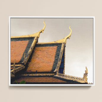 Framed Photograph Ornate Curved Golden Roof Tiles Traditional Cambodian Temple Photography, Temple’s Embodies Timeless Grandeur, Brooding