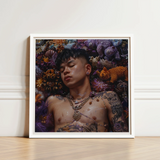 White-framed Art Print Man Tattoos Jewelry Surrounded Colorful Gaysian Thai Twunk, Homoerotic
