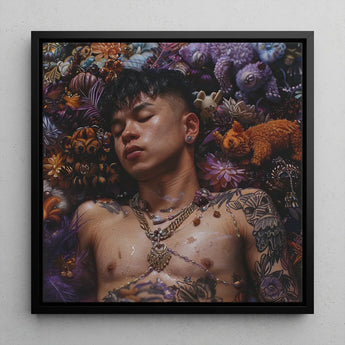 Bent & Spent - Gaysian Thai Twunk Art Print / Canvas Black-framed Man Tattoos Gold Jewelry Surrounded, Homoerotic, Prints