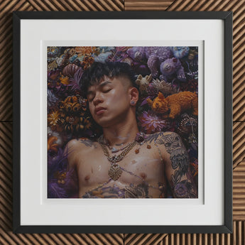 Bent & Spent - Gaysian Thai Twunk Art Print / Canvas Framed Artwork Person Amidst Colorful Flora, Homoerotic, Prints