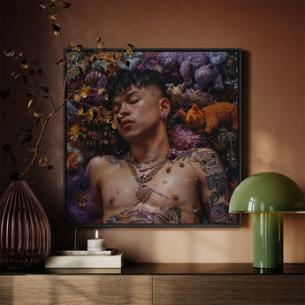 Bent & Spent - Gaysian Thai Twunk Art Print / Canvas Framed Portrait Man Tattoos Adorned Layered Gold Jewelry, Homoerotic, Prints