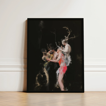 Black-framed Artwork Mythological Figures Antlers Vibrant Red Accents Horned Figure Floats, Pagan Art Print, Branching