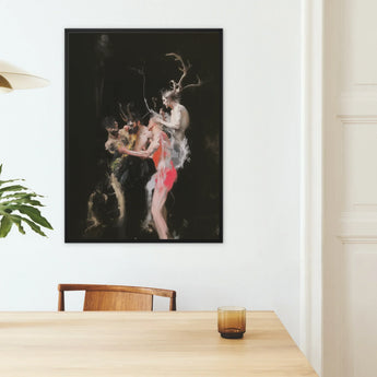 Bestial - Neo-baroque Pagan Art Print / Canvas Black-framed Artwork Dramatic Dark-toned Scene Figures Antlers Horned Figure Floats, Pagan