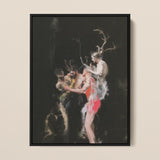 Bestial - Neo-baroque Pagan Art Print / Canvas Black-framed Artwork Dramatic Darkly Lit Scene Figures Dynamic Horned Figure Floats, Antlers