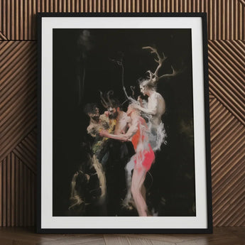 Bestial - Neo-baroque Pagan Art Print / Canvas Black-framed Dramatic Darkly Lit Painting Mythological Horned Figure Floats, Antlers