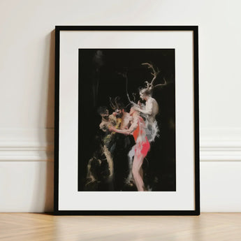 Bestial - Neo-baroque Pagan Art Print / Canvas Black-framed White Mat Abstract Painting Figures Horned Figure Floats, Antlers Branching