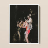 Bestial - Neo-baroque Pagan Art Print / Canvas Darkly Painted Artwork White Frame Mythological Figures Antlers Horned Figure Floats, Pagan