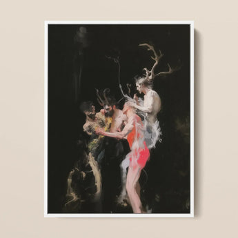 Bestial - Neo-baroque Pagan Art Print / Canvas Darkly Painted Artwork White Frame Mythological Figures Antlers Horned Figure Floats, Pagan