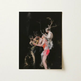 Bestial - Neo-baroque Pagan Art Print / Canvas Darkly Painted Rectangular Surreal Scene Figures Horned Figure Floats, Antlers Branching