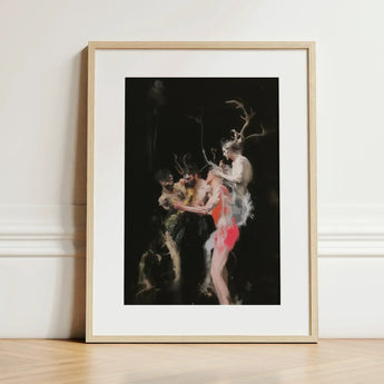 Bestial - Neo-baroque Pagan Art Print / Canvas Framed Artwork Dark Dramatic Scene Figures Motion Black Horned Figure Floats, Antlers