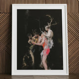 Bestial - Neo-baroque Pagan Art Print / Canvas White-framed Artwork Dramatic Darkly Lit Scene Figures Adorned Horned Figure Floats, Antlers