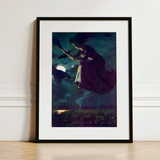Beware the Beautiful Witch - Power O’malley Art Print / Canvas Black-framed Art Print Witch Broomstick Dark Moonlit Sky Aubergine Fabric