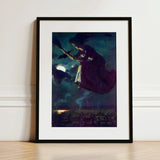 Beware the Beautiful Witch - Power O’malley Art Print / Canvas Black-framed Broomstick Dark Moonlit Sky Aubergine Fabric Billows, Silver