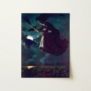 Beware the Beautiful Witch - Power O’malley Art Print / Canvas Dark Robe-clad Rides Broomstick Moonlit Night Sky Aubergine Fabric Billows,