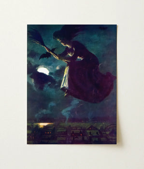 Dark Robe-clad Witch Rides Broomstick Moonlit Night Sky Aubergine Fabric Billows, Silver Edge, Power O’malley