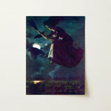 Beware the Beautiful Witch - Power O’malley Art Print / Canvas Dark Robe-clad Rides Broomstick Moonlit Night Sky Aubergine Fabric Billows,