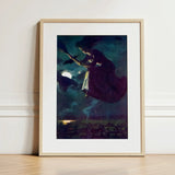 Beware the Beautiful Witch - Power O’malley Art Print / Canvas Framed Artwork Broomstick Dark Moonlit Sky Bats Aubergine Fabric Billows,