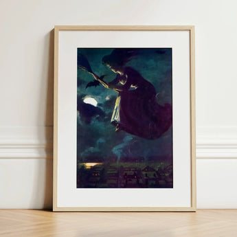 Beware the Beautiful Witch - Power O’malley Art Print / Canvas Framed Artwork Broomstick Dark Moonlit Sky Bats Aubergine Fabric Billows,