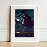Beware the Beautiful Witch - Power O’malley Art Print / Canvas Framed Artwork Broomstick Dark Moonlit Sky Bats Aubergine Fabric Billows,