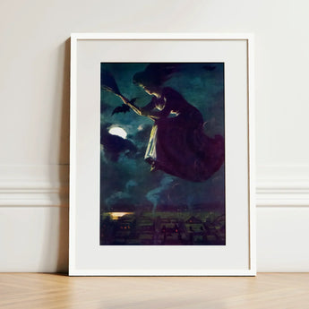 Beware the Beautiful Witch - Power O’malley Art Print / Canvas Framed Artwork Broomstick Dark Moonlit Sky Bats Aubergine Fabric Billows,