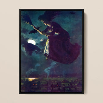 Beware the Beautiful Witch - Power O’malley Art Print / Canvas Framed Painting Dark Red Cloak Broomstick Moonlit Aubergine Fabric Billows,
