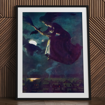 Beware the Beautiful Witch - Power O’malley Art Print / Canvas Purple Witch Broomstick Art Print Black Frame White Aubergine Fabric