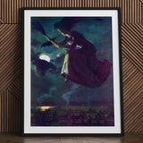 Beware the Beautiful Witch - Power O’malley Art Print / Canvas Purple Broomstick Black Frame White Aubergine Fabric Billows, Silver Edge,