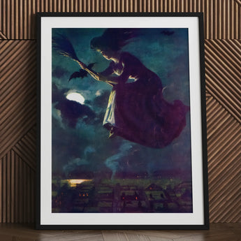 Beware the Beautiful Witch - Power O’malley Art Print / Canvas Purple Broomstick Black Frame White Aubergine Fabric Billows, Silver Edge,