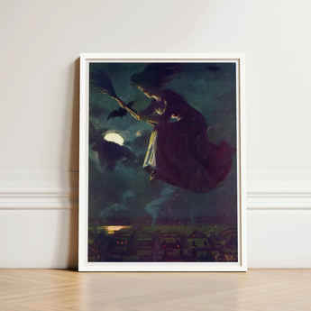 Framed Artwork Witch Broomstick Dark Moonlit Sky Bats Aubergine Fabric Billows, Silver Edge, Power O’malley
