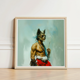 Bhediya - Gay Wolf Sadhu Art Print / Canvas Framed Artwork Muscular Anthropomorphic Sunglasses Red Fabric Shaman, Spectral Elder Bound,