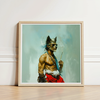 Bhediya - Gay Wolf Sadhu Art Print / Canvas Framed Artwork Muscular Anthropomorphic Sunglasses Red Fabric Shaman, Spectral Elder Bound,