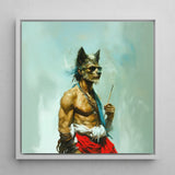 Bhediya - Gay Wolf Sadhu Art Print / Canvas Framed Artwork Muscular Anthropomorphic Dark Sunglasses Grayish-white Shaman, Spectral Elder