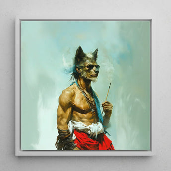 Bhediya - Gay Wolf Sadhu Art Print / Canvas Framed Artwork Muscular Anthropomorphic Dark Sunglasses Grayish-white Shaman, Spectral Elder