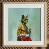 Bhediya - Gay Wolf Sadhu Art Print / Canvas Framed Artwork Muscular Anthropomorphic Wolf Sunglasses Red Fabric Gay Shaman, Spectral Elder