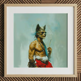 Bhediya - Gay Wolf Sadhu Art Print / Canvas Framed Artwork Muscular Anthropomorphic Sunglasses Red Fabric Shaman, Spectral Elder Bound,