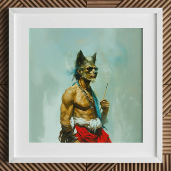 Bhediya - Gay Wolf Sadhu Art Print / Canvas White-framed Artwork Muscular Anthropomorphic Sunglasses Red Fabric Shaman, Spectral Elder
