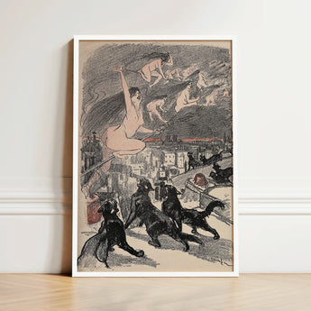 Big Black Cats Howl as Naked Witches Ascend Into the Night Over City - Théophile Steinlen Art Print / Canvas Framed Artwork Dynamic