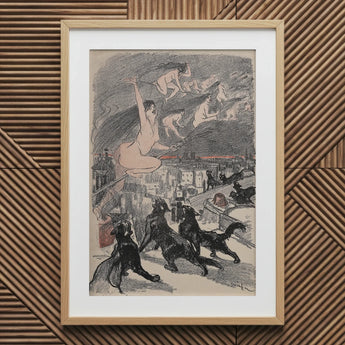 Big Black Cats Howl as Naked Witches Ascend Into the Night Over City - Théophile Steinlen Art Print, 20x30’’ / 51x76cm / Natural Frame