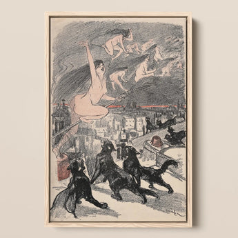 Grote zwarte katten huilen terwijl naakte heksen de nacht in opstijgen boven de stad - Théophile Steinlen kunstprint / Canvas, 12x17’’ / A3 / Naturel lijst,