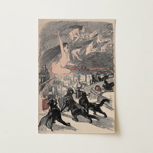 Big Black Cats Howl as Naked Witches Ascend Into the Night Over City - Théophile Steinlen Art Print / Canvas, 12x18’’ / 31x46cm / Unframed