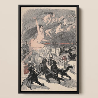 Big Black Cats Howl as Naked Witches Ascend Into the Night Over City - Théophile Steinlen Art Print / Canvas Black-framed Artwork Surreal