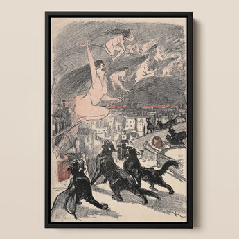 Big Black Cats Howl as Naked Witches Ascend Into the Night Over City - Théophile Steinlen Art Print / Canvas Black-framed Artwork Surreal
